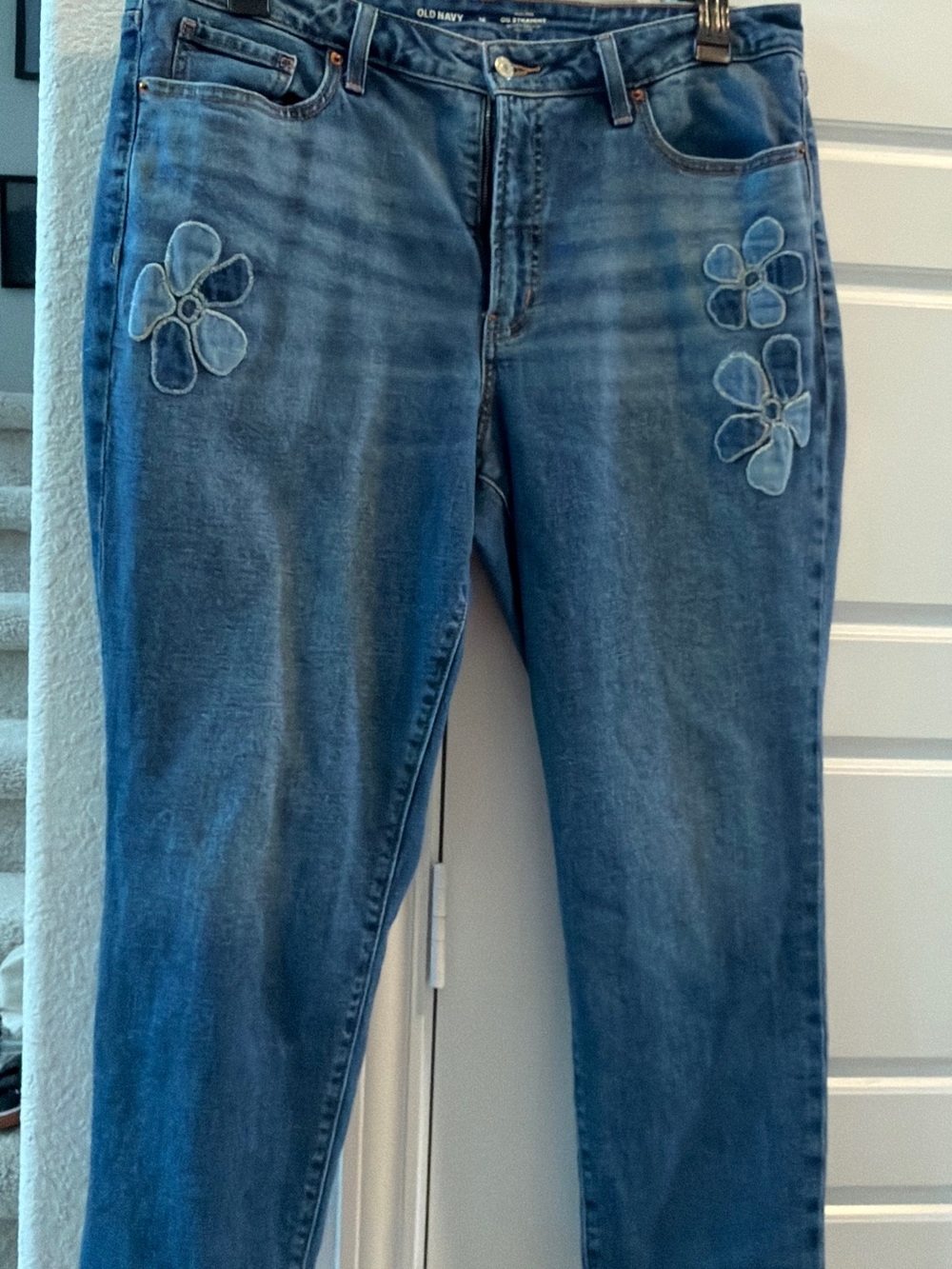 Old Navy Medium Blue Straight-Leg Jeans with Floral Appliqué